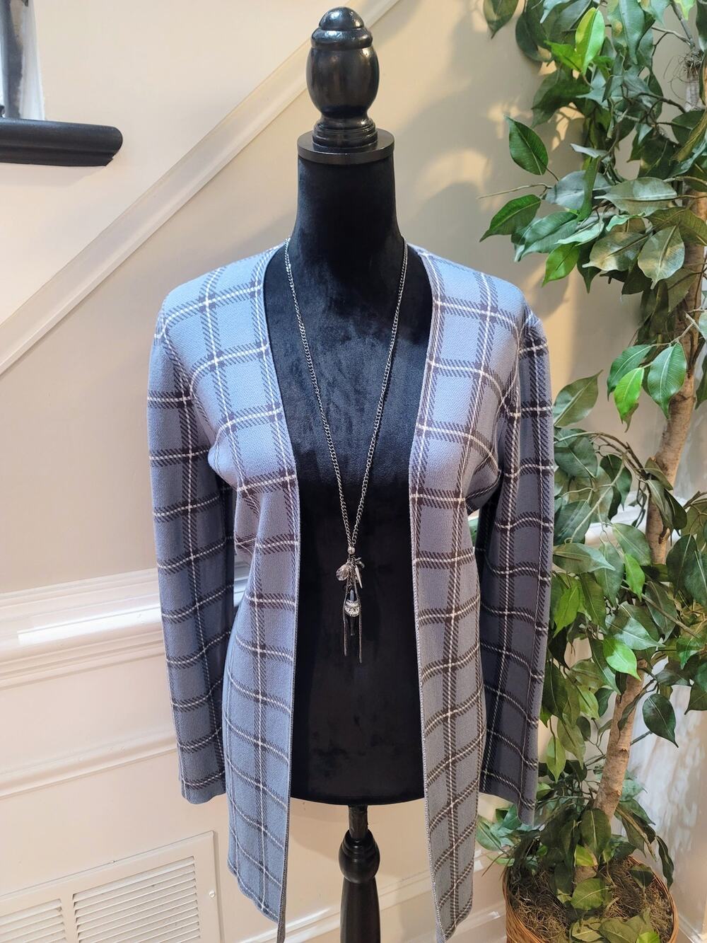 Loft Cardigan Sweater Women's Medium Blue Windowpane Plaid Longline Open Front